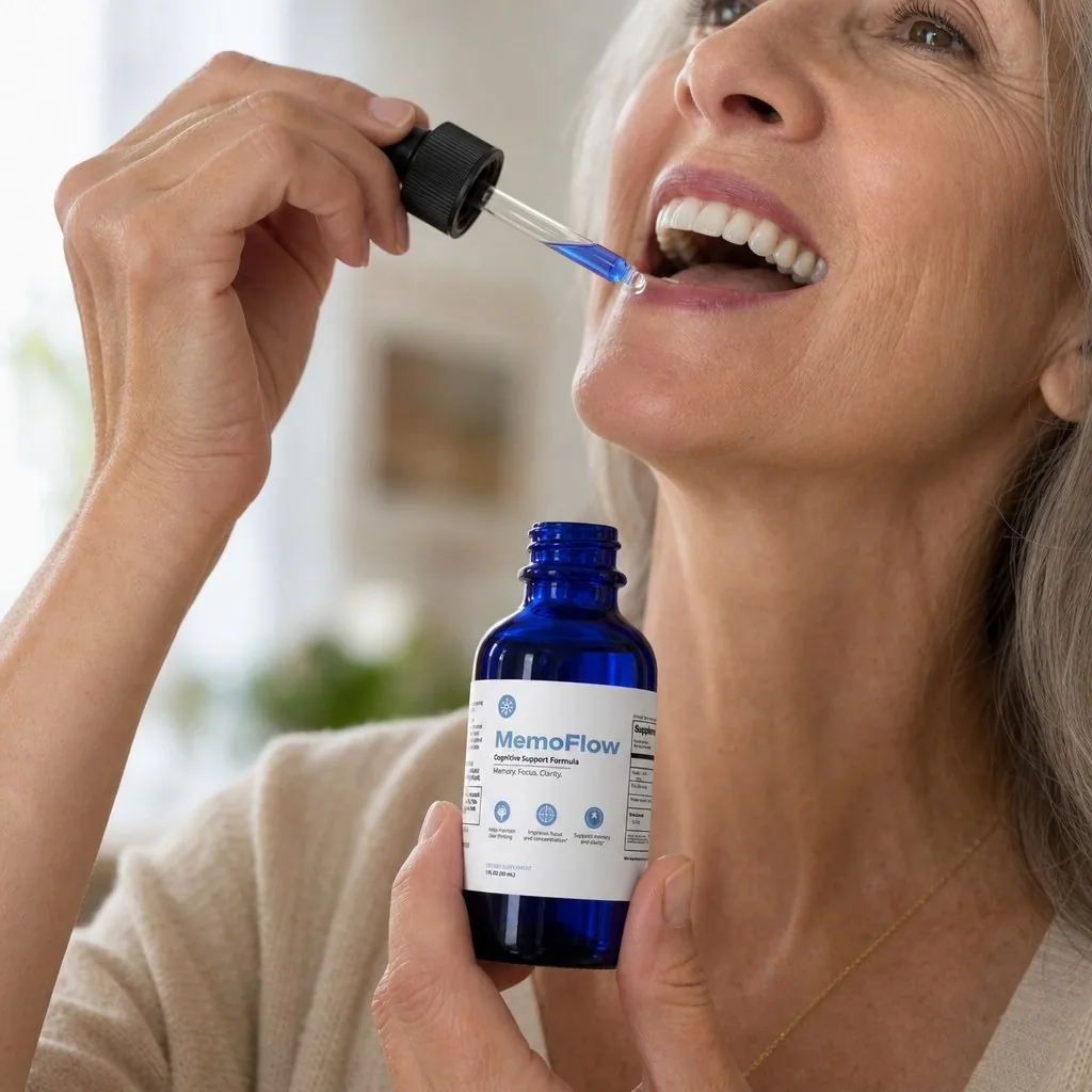 Mujer tomando gotas de MemoFlow debajo de la lengua